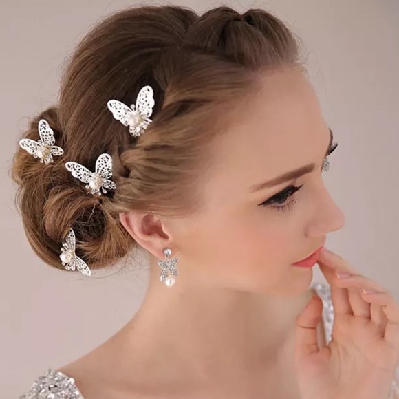 4 Pcs Crystal Butterfly Bridal Hair Pin Set - Picture 3 of 15